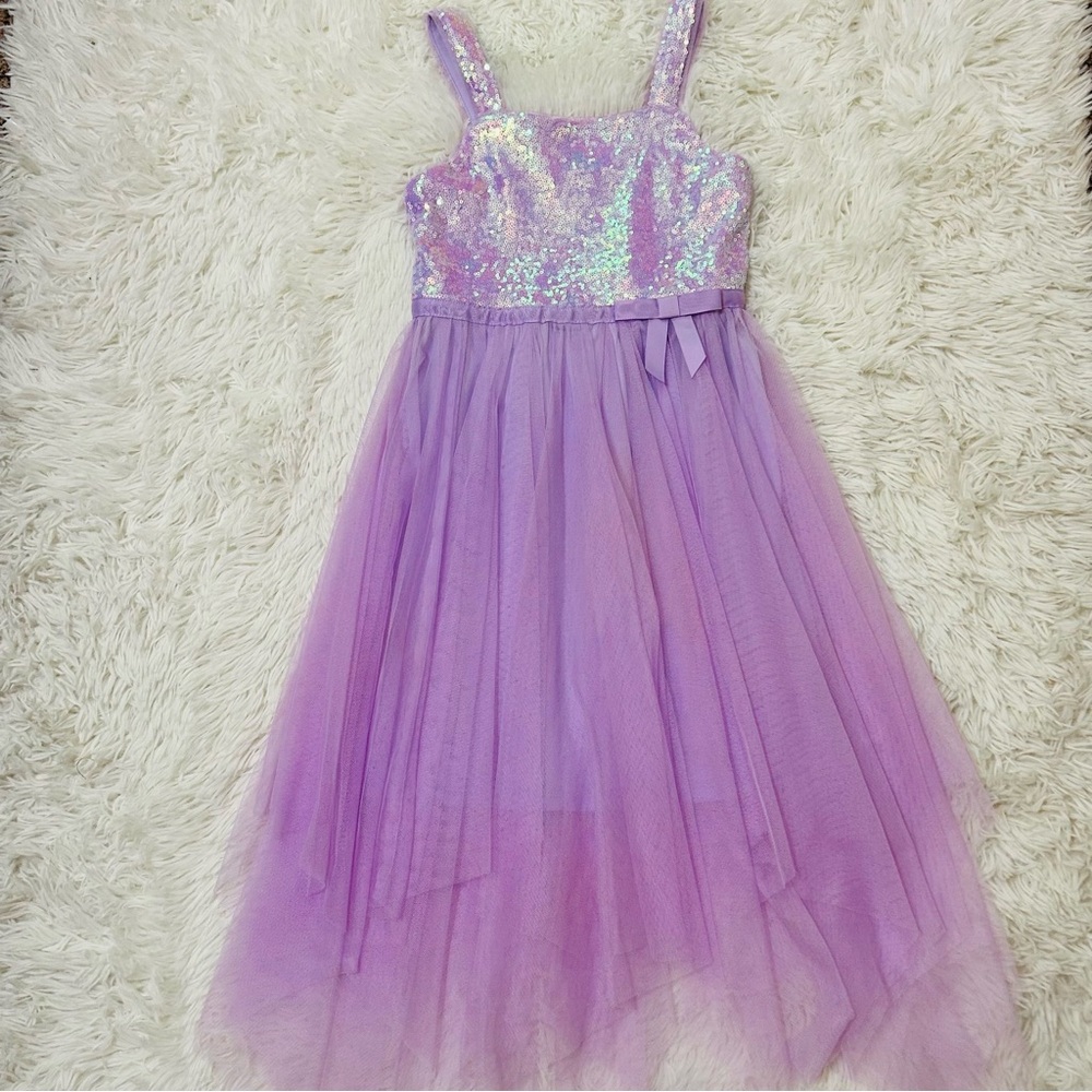 Girls Zunie Handkerchief Mesh Dress with Sequins and Bow Purple Size S. Pullover